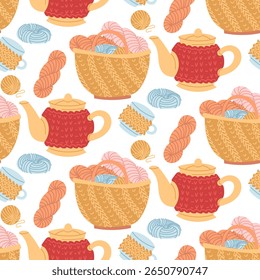 Pattern knitted lid for a ceramic teapot, mugs next to a bag filled with yarn. Cozy atmosphere, handcrafted. Seamless color texture. Chaotic packaging, social media posts, themes of care, comfort