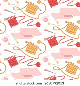 Patrón de bufandas de punto con agujas de punto rectas. Pañuelos de colores con hilos, Pequeña bola. Otros hechos a mano. ambiente acogedor. Textura de color plano sin costuras. Paquetes relacionados con confort, cuidado