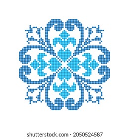 Patrón de tejido y bordado.  El estilo nórdico Patrón popular. Ornamento escandinavo, ucraniano. 
Porcelana española. damasco árabe. Motivo étnico. Cosido cruzado. Copo de nieve.