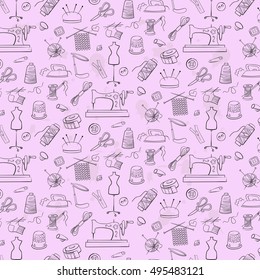Pattern of knitting, sewing and needlework  icons on the light background.