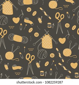 Pattern with Knitting and Sewing Tools. Vector Doodle Elements. 