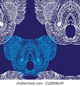 A pattern with koalas. Seamless pattern. Ethnic Indian drawing. Yoga, meditation. Drawing manually. Stylish background, lots of details.