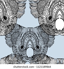 A pattern with koalas. Seamless pattern. Ethnic Indian drawing. Yoga, meditation. Drawing manually. Stylish background, lots of details.