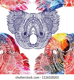 A pattern with koalas. Seamless pattern. Ethnic Indian drawing. Yoga, meditation. Drawing manually. Stylish background, lots of details.