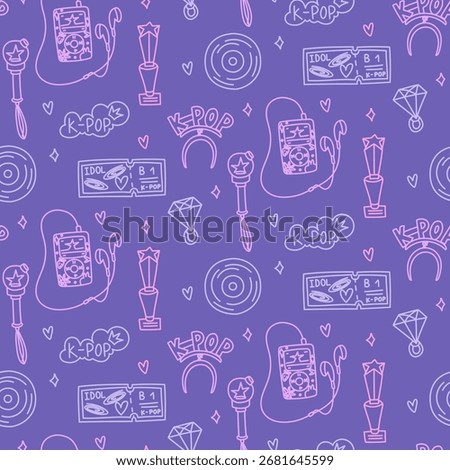Pattern K-pop style doodle. Seamless texture with bright elements of Korean music trends. Luminous bomb, bezel K-POP, ring, player, concert ticket purple, pink. Sequins, hearts, cloud with K-POP text