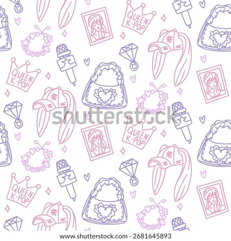 Pattern K-pop style doodle. Seamless texture with bright elements of Korean music trends. Hare hat, bag, bracelet, ring, microphone, crown, queen, photo card. Sequins, hearts, cloud with K-POP text