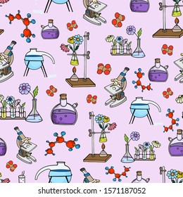 pattern lab science equipment chemistry doodle flowers molecule colored background vector wallpaper