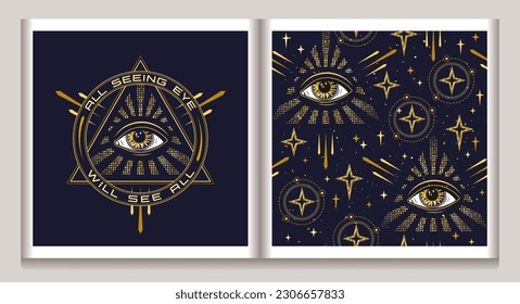 Pattern, label with all seeing eye in pyramid Concept of harmony of universe, wisdom, knowledge, extended mind, expansion of consciousness. Surreal illustration for groovy, hippie, mystical style.