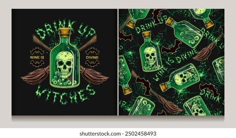 Pattern, label with bottle of green potion with human skull, eyeballs, mushrooms inside, brooms, bat silhouette, text Drink up. Halloween creepy illustration in vintage style. Not AI