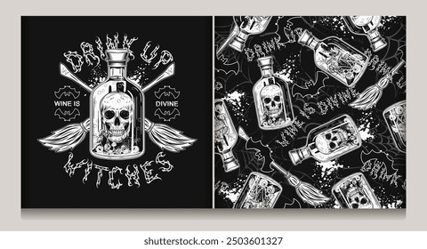 Pattern, label with bottle with potion with human skull, eyeballs, mushrooms inside, brooms, bat silhouette, text Drink up. Halloween creepy monochrome illustration in vintage style. Not AI