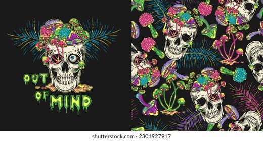 Pattern, label with crazy mad skull with single eye and growing through mushrooms, puddle of poisonous liquid, text. Fantasy magic mushrooms. Good for groovy, hippie, mystical, fantasy design