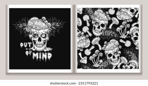 Pattern, label with crazy mad skull with single eye and growing through mushrooms, puddle of poisonous liquid, text. Fantasy magic mushrooms. Good for groovy, hippie, mystical, fantasy design