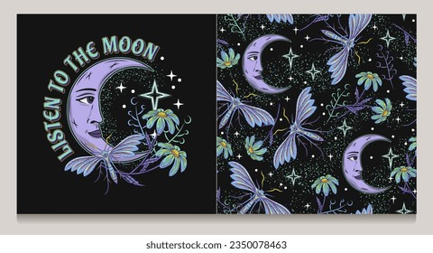 Patrón, etiqueta con luna creciente con cara, estrellas, mariposa nocturna, polilla, flores, polvo de estrellas. Historia mitológica, concepto místico. Para ropa, ropa, camisetas, diseño infantil