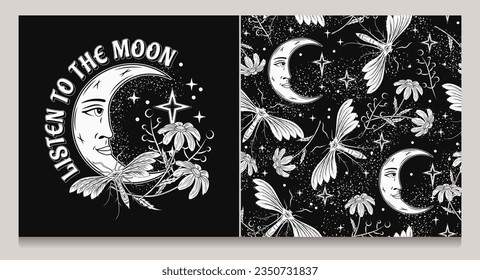 Pattern, label with crescent moon with face, stars, night butterfly, moth, flowers, star dust. Mythological faitytale, mystical concept. For clothing, apparel, T-shirts, kids design