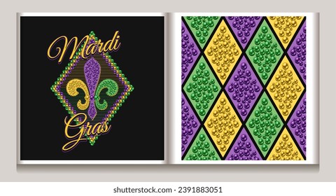 Pattern, label with geometric harlequin ornament with rhombuses, mosaic with shiny glossy beads. Illustration for Mardi Gras carnival Vintage illustration for prints, clothing, holiday, surface design