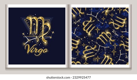 Pattern, label with gold icon of zodiac sign Virgo, constellation with stars, third eye, text, triangle as alchemical symbol of earth element. Horoscope esoteric design elements. Vintage style.