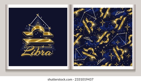 Pattern, label with gold icon of zodiac sign Libra, constellation with stars, third eye, text, triangle as alchemical symbol of air element. Horoscope esoteric design elements. Vintage style.