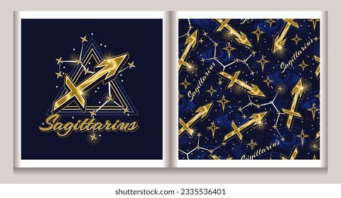 Pattern, label with gold icon of zodiac sign Sagittarius, constellation with stars, third eye, text, triangle as alchemical symbol of fire element. Mystic esoteric concept. Vintage style.