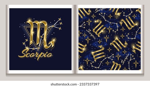 Pattern, label with gold icon of zodiac sign Scorpio, constellation with stars, third eye, text, triangle as alchemical symbol of water element. Mystic esoteric concept. Vintage style.