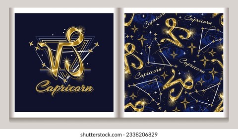 Pattern, label with gold icon of zodiac sign Capricorn, constellation with stars, third eye, text, triangle as alchemical symbol of earth element. Horoscope esoteric design elements. Vintage style.