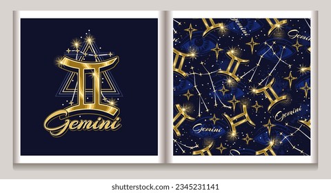 Pattern, label with gold icon of zodiac sign Gemini, constellation with stars, third eye, text, triangle as alchemical symbol of air element. Horoscope esoteric design elements. Vintage style.