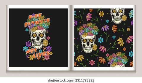 Pattern, label with human skull full of flowers, peace symbol, chamomile, text. Anti war, peaceful concept. Groovy hippie retro style For clothing, apparel, T-shirts design