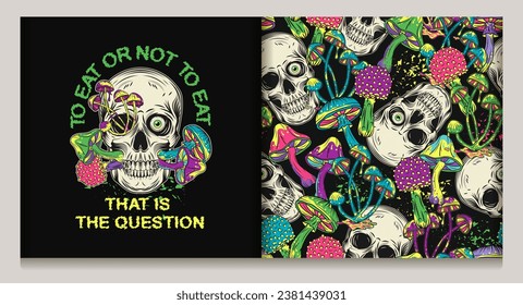 Pattern, label with human skull, mushrooms, text. Crazy mad skull with eye, mushrooms growing through skull. Concept of madness and craziness Surreal illustration for groovy, psychedelic design Not AI