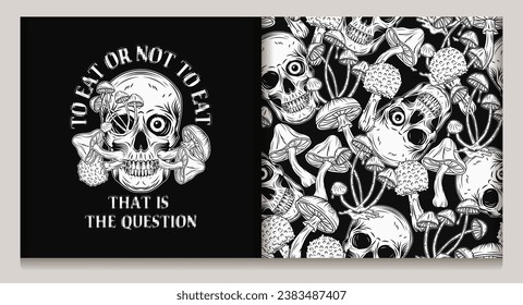 Pattern, label with human skull, mushrooms, text. Crazy mad skull with eye, mushrooms growing through skull. Concept of madness and craziness Surreal illustration for groovy, psychedelic design Not AI