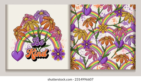 Pattern, label with rainbow, chamomiles, hearts, paint splatter, text. Concept of harmony, positivity, kindness. Groovy, hippie, naive style for apparel, fabric, textile, surface design