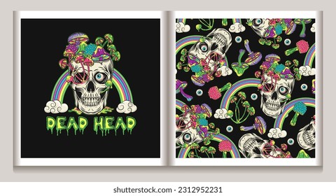 Pattern, label with rainbow, skull like cup full of mushrooms Crazy mad skull with single eye and growing through skull mushrooms Surreal illustration for groovy, hippie, mystical, psychedelic design