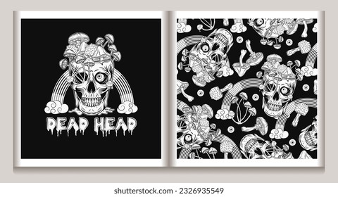 Pattern, label with rainbow, skull like cup full of mushrooms Crazy mad skull with single eye and growing through skull mushrooms Surreal illustration for groovy, hippie, mystical, psychedelic design