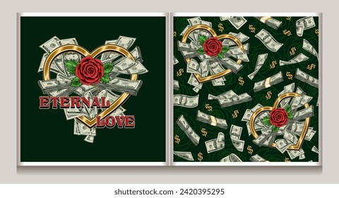 Muster, Etikett mit Rosen, Bundle aus Bargeld in goldenem Herzen Rahmen, goldenes Dollarzeichen. Konzept der Liebe zum Geld. Für Drucke, Kleidung, T-Shirt, Oberflächendesign. Vintage-Stil