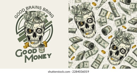 Pattern, label with skull, cash money,100 dollar bills, gold coins. Skull without top like cup, bowl, vase. Textured white background. For prints, clothing, t shirt, surface design. Concept Make Money