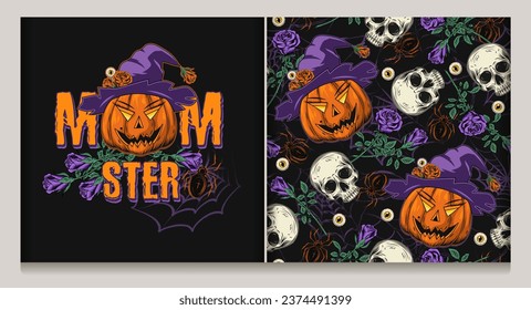 Pattern, label with skulls, pumpkin head like witch in purple hat, purple roses, eyeballs, spiders. Grunge silhouette of spider web behind. Holiday illustration on dark background. Family concept Not 