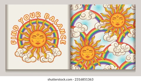 Pattern, label with sun with face, clouds, rainbow, halftone shapes. Concept of harmony, positivity. Mythological fairytale character. Groovy, hippie, naive style for apparel, textile, surface design