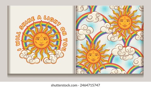 Pattern, label with sun with smiling face, clouds, rainbow, halftone shapes. Concept of harmony, positivity. Fairytale character. Groovy, hippie, naive style for fabric, textile, kids design