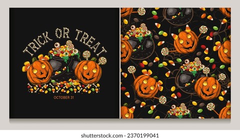 Pattern, label with witch cauldron full of traditional halloween candy, eyeballs, pumpkin heads like happy kids. Drops of green goo, slime. Grunge silhouette of spider web behind
