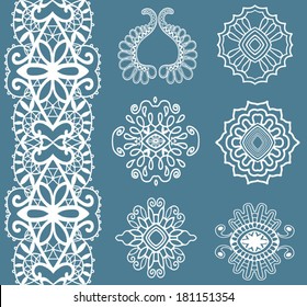 Pattern of lace doily, border, vector isolated design elements set, abstract background