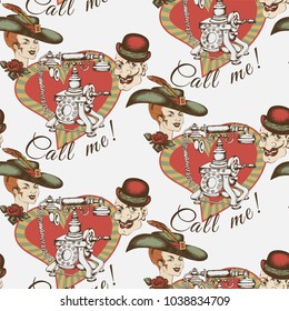 Pattern: Lady, gentleman and telephone. Vintage style. Vector illustration