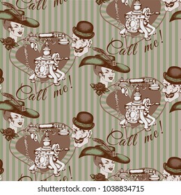 Pattern: Lady, gentleman and telephone. Vintage style. Vector illustration
