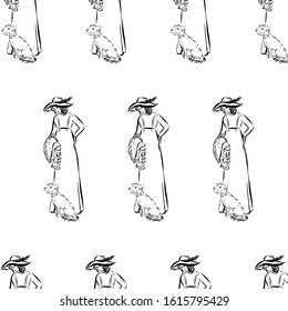 Pattern of lady in vintage style with dog. Woman dressed in long dress. Graphic female silhouette.