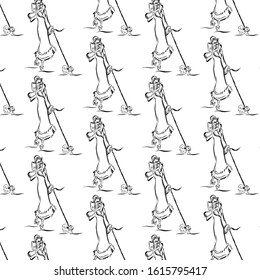 Pattern with lady in vintage style walks with dogs on leash and reading a book. Woman dressed in fur coat, hat. Graphic female silhouette.

