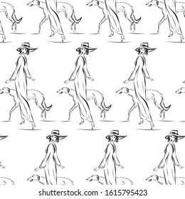 Pattern with lady in vintage style walks with dog. Woman dressed in long dress and broad-brim hat. Graphic female silhouette.