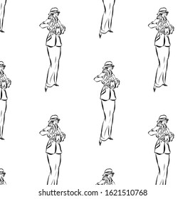 Pattern of lady in vintage style. Woman dressed in jacket, long dress and cap. Graphic female silhouette.