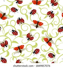 Pattern with ladybirds on a colored background. Ladybugs on a background of colored curlicues in a seamless pattern.