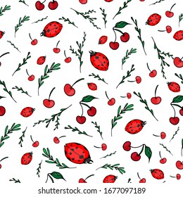 Pattern with ladybugs, cherries, and twigs, vector illustration with red insects, green branches, and cherries for packaging paper, sketchbooks, postcards, clothing, albums, tablecloths, dishes