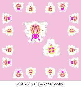 Pattern with ladybugs halftone, dashed lines, tags. Hand drawn.
