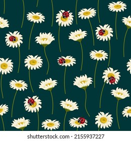 Pattern with ladybugs on daisies.Field of white daisies with ladybugs on a colored background in a vector pattern.