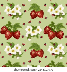 Pattern with ladybugs and strawberries.Vector pattern with red strawberries and ladybugs on a colored background.