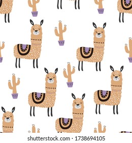 Pattern lama vector illustration Hand drawn  of a cute funny llama and cacti. Isolated objects on white. Scandinavian style flat design.